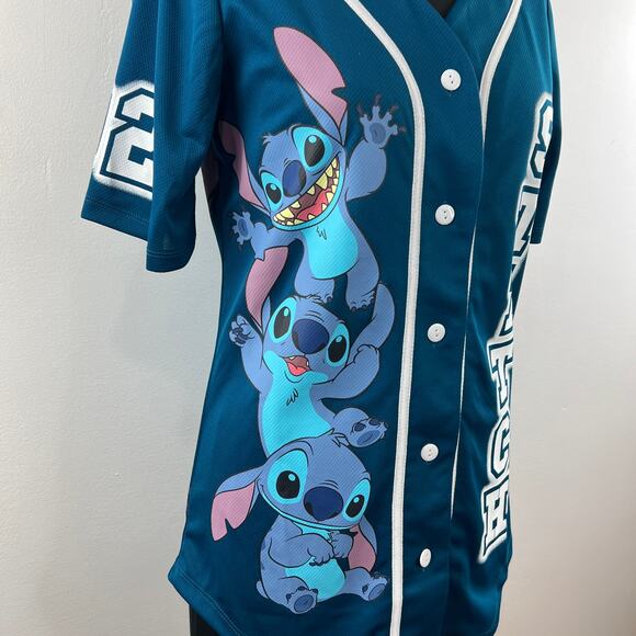 NEW Disney Blue Short Sleeve V-Neck Button Down Lilo Stitch Baseball Top Size M - Picture 6 of 8